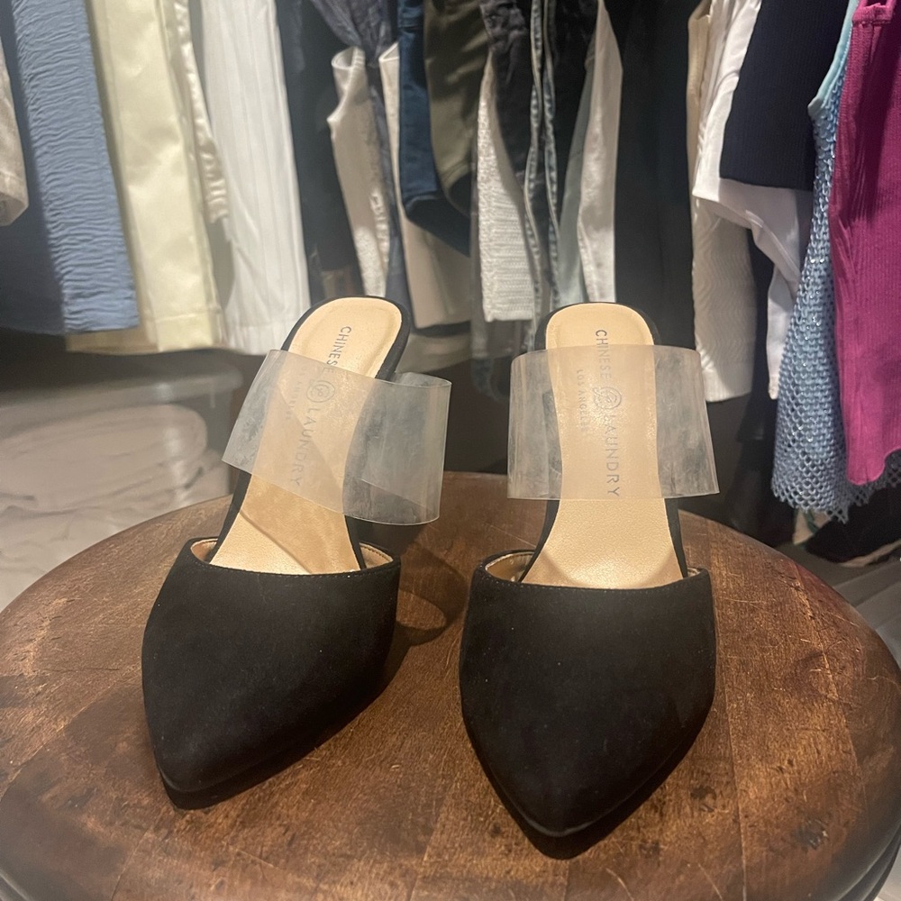 Chinese Laundry Black Heeled Mules